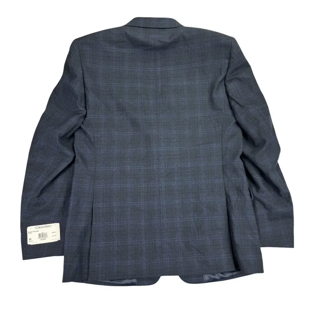 Calvin Klein Mens X Slim Fit Wool Blend Stretch Plaid Suit Jacket Navy Blue 44L